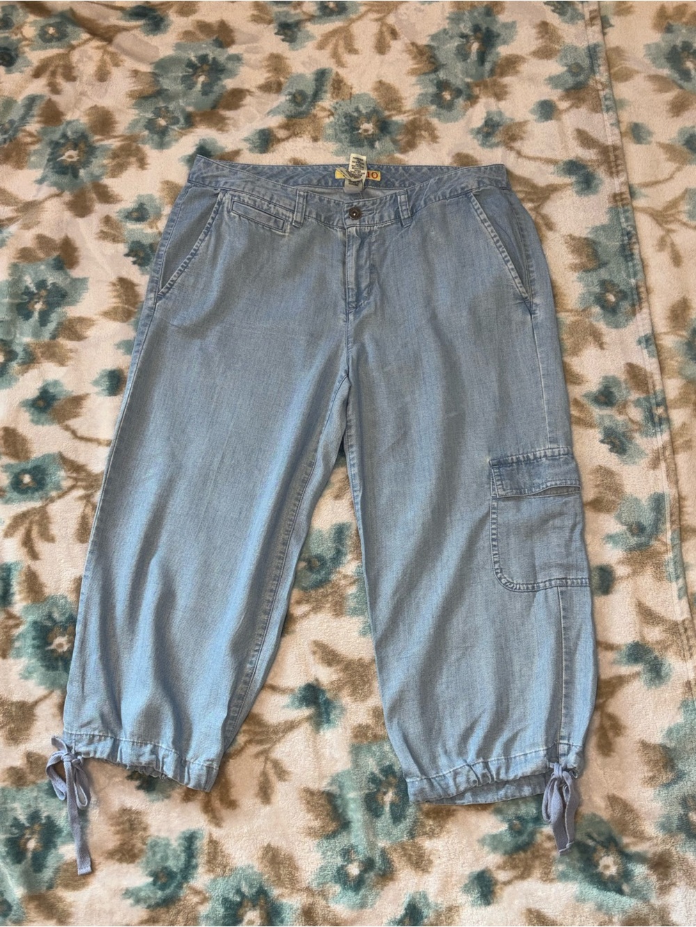 Light Wash Denim Cargo Capris with Adjustable Hem - Women